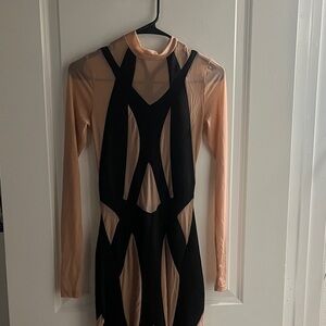 PrettyLittleThing Black and Nude Long Sleeve Dress